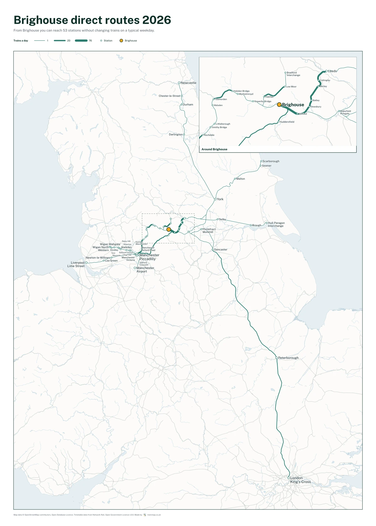 Brighouse direct routes 2026: a map of every station you can reach from Brighouse without changing trains, the lines thicker where more trains run