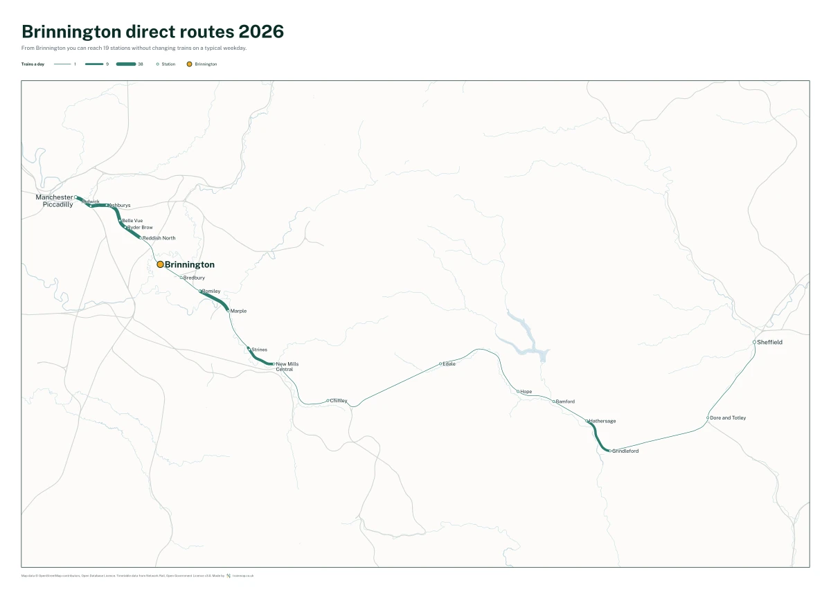 Brinnington direct routes 2026: a map of every station you can reach from Brinnington without changing trains, the lines thicker where more trains run