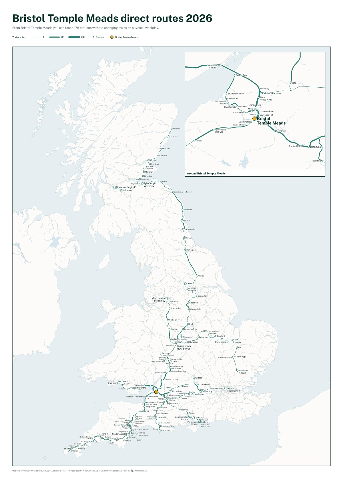 Bristol Temple Meads direct routes 2026: a map of every station you can reach from Bristol Temple Meads without changing trains, the lines thicker where more trains run