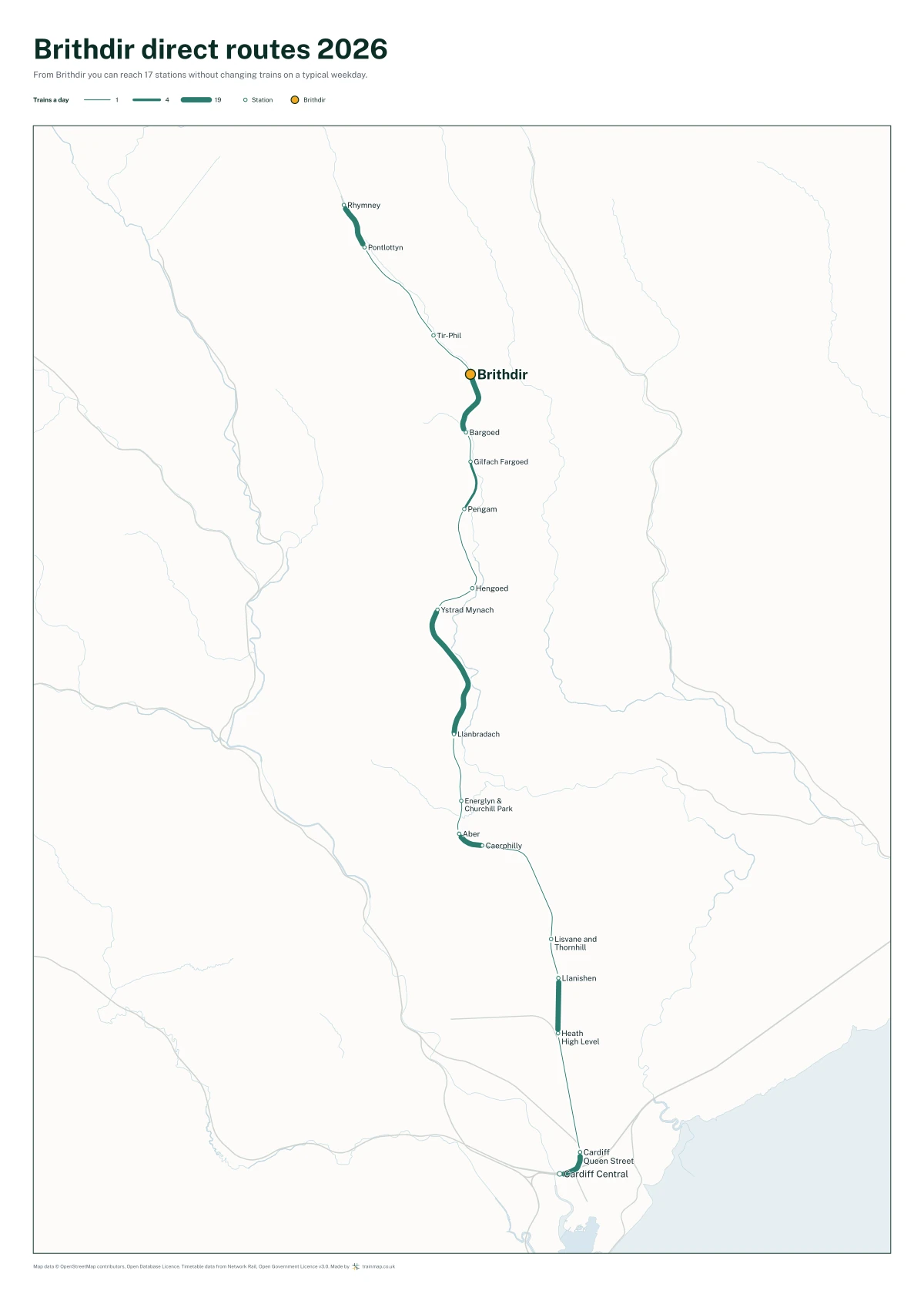 Brithdir direct routes 2026: a map of every station you can reach from Brithdir without changing trains, the lines thicker where more trains run