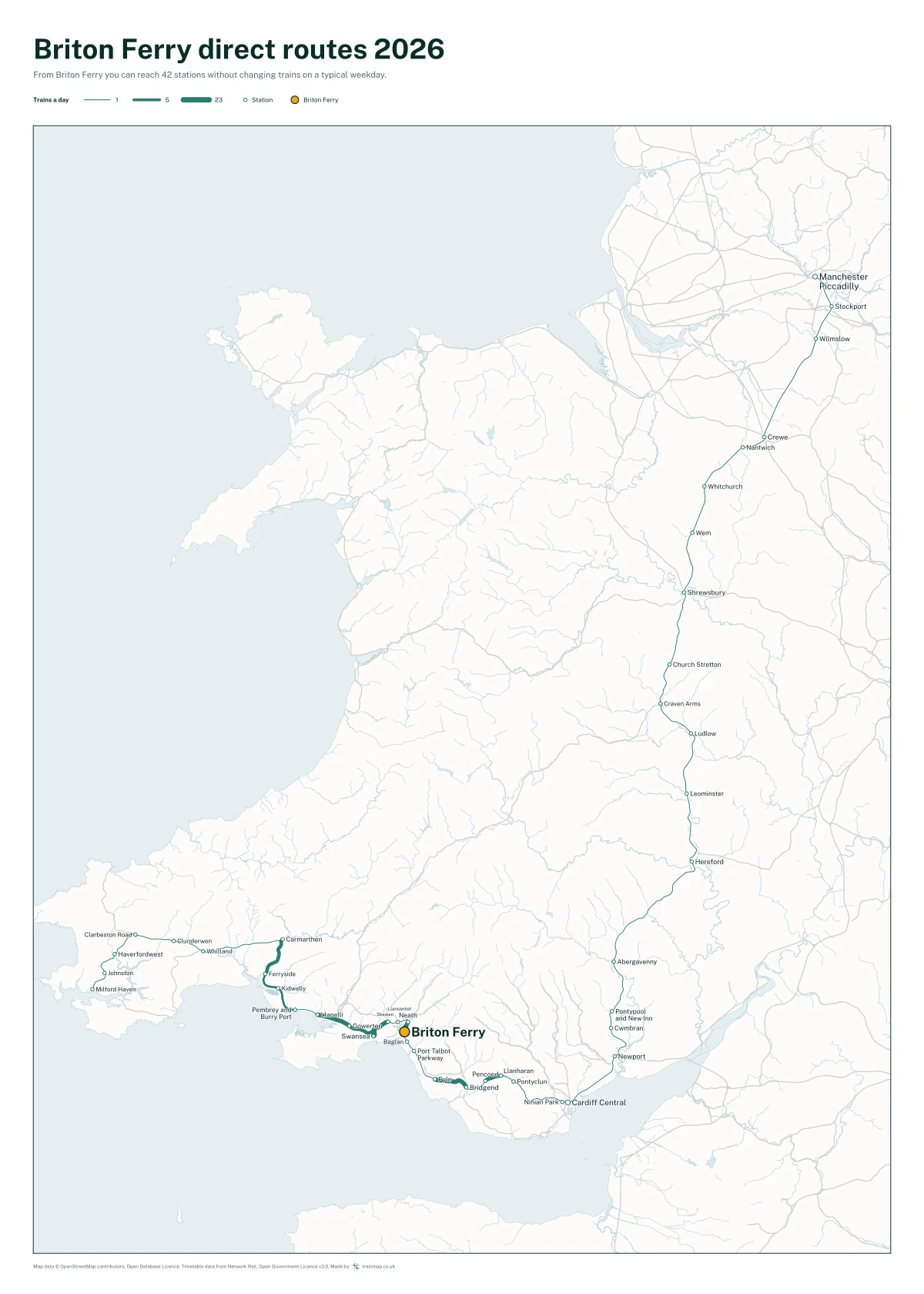 Briton Ferry direct routes 2026: a map of every station you can reach from Briton Ferry without changing trains, the lines thicker where more trains run