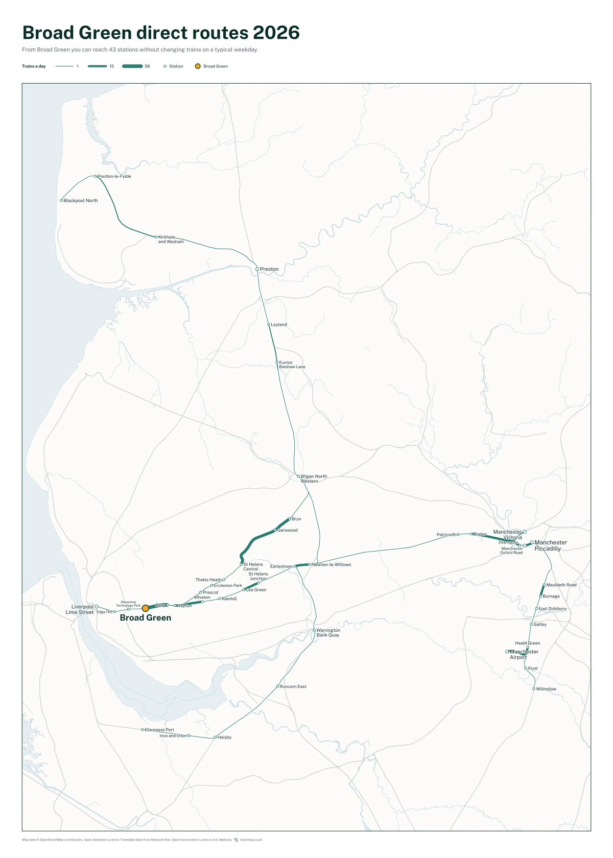Broad Green direct routes 2026: a map of every station you can reach from Broad Green without changing trains, the lines thicker where more trains run