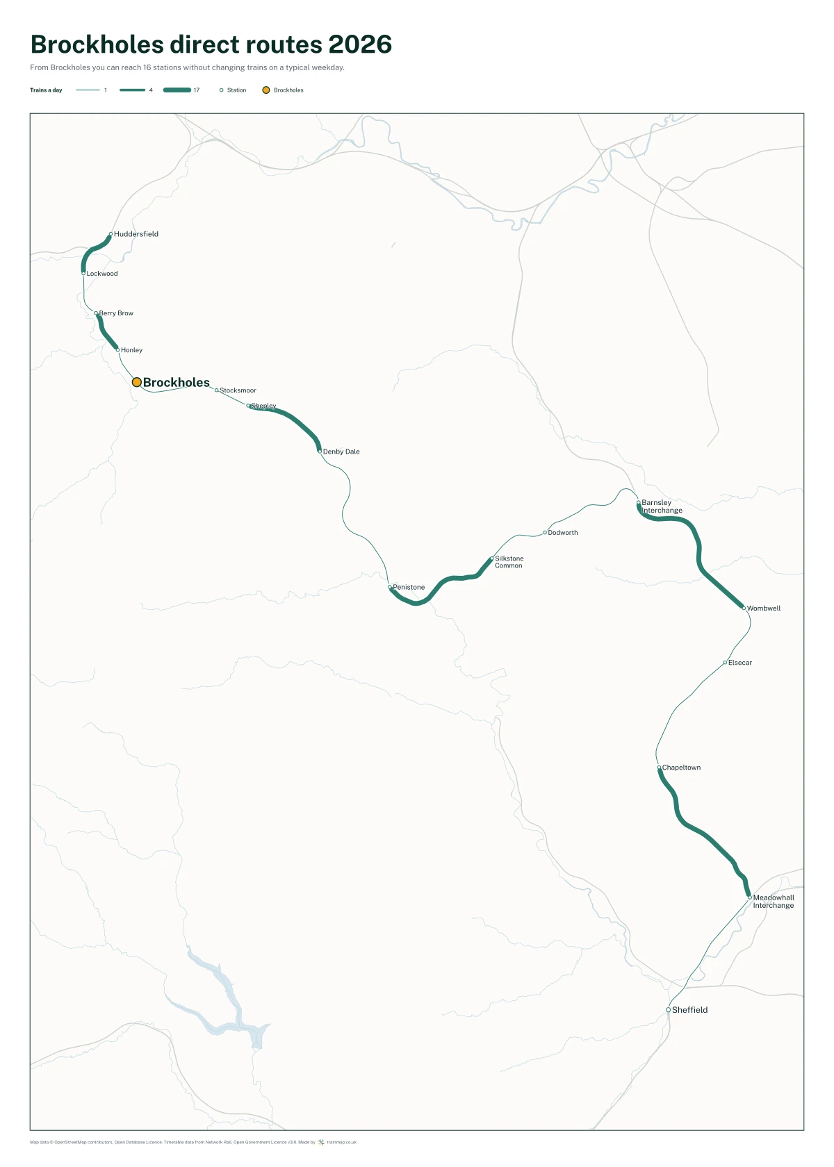 Brockholes direct routes 2026: a map of every station you can reach from Brockholes without changing trains, the lines thicker where more trains run