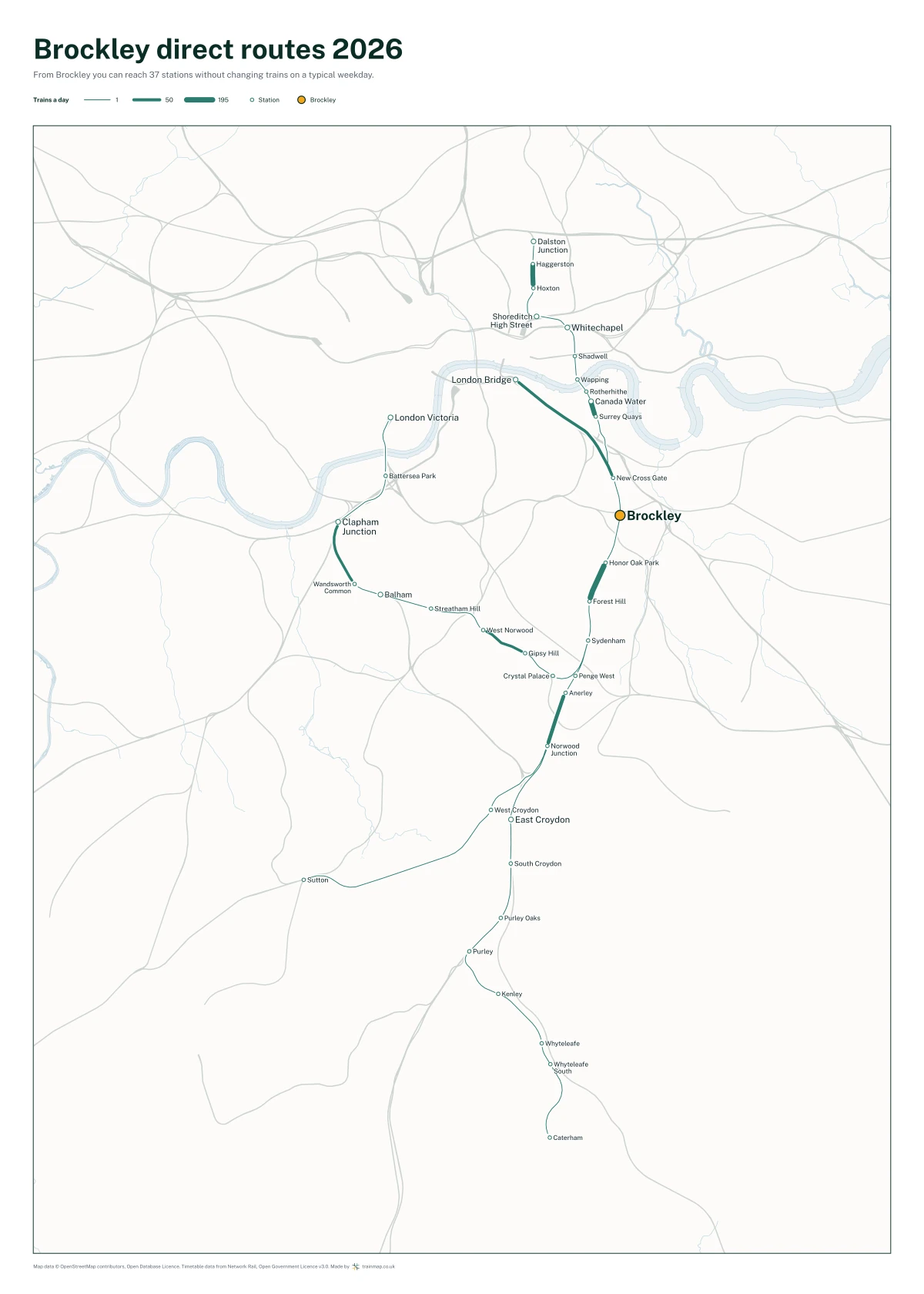 Brockley direct routes 2026: a map of every station you can reach from Brockley without changing trains, the lines thicker where more trains run