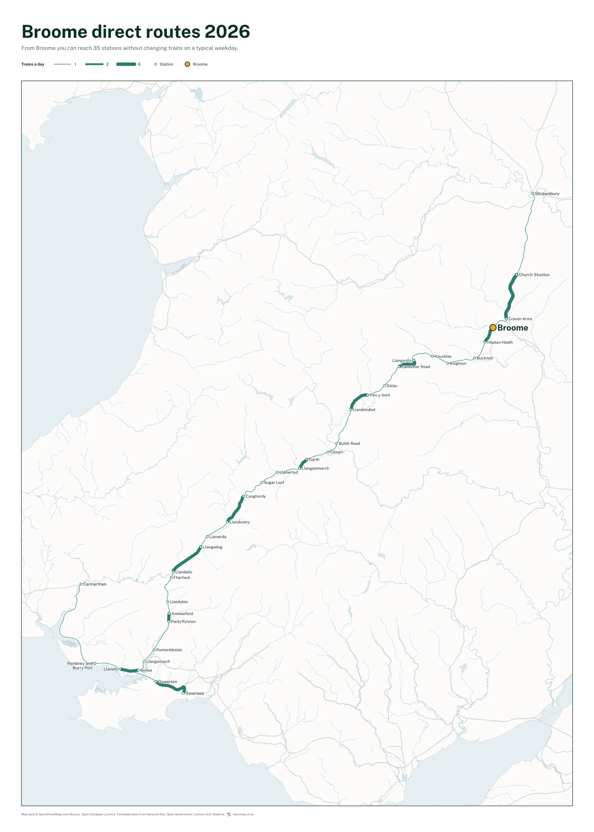 Broome direct routes 2026: a map of every station you can reach from Broome without changing trains, the lines thicker where more trains run