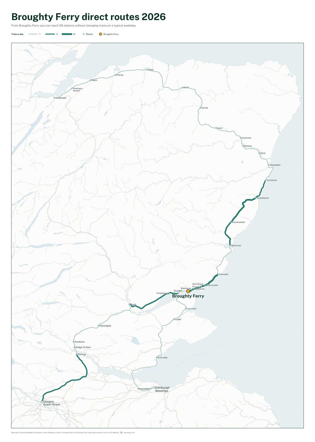 Broughty Ferry direct routes 2026: a map of every station you can reach from Broughty Ferry without changing trains, the lines thicker where more trains run