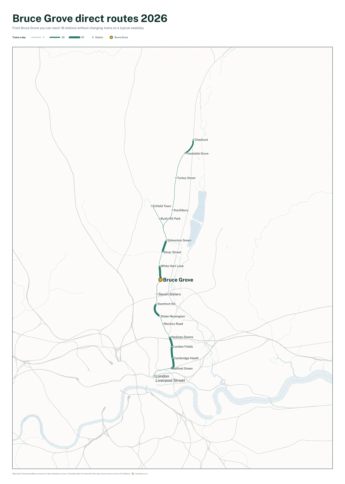 Bruce Grove direct routes 2026: a map of every station you can reach from Bruce Grove without changing trains, the lines thicker where more trains run