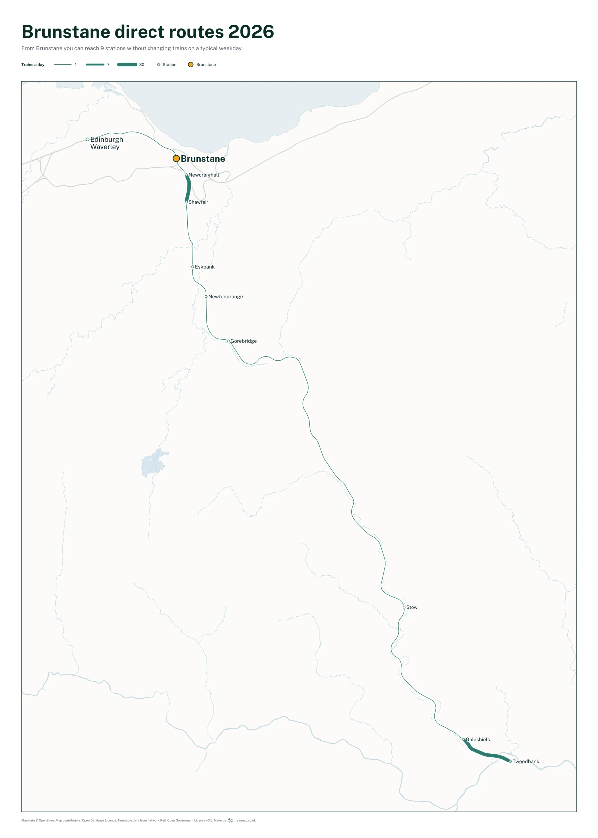 Brunstane direct routes 2026: a map of every station you can reach from Brunstane without changing trains, the lines thicker where more trains run