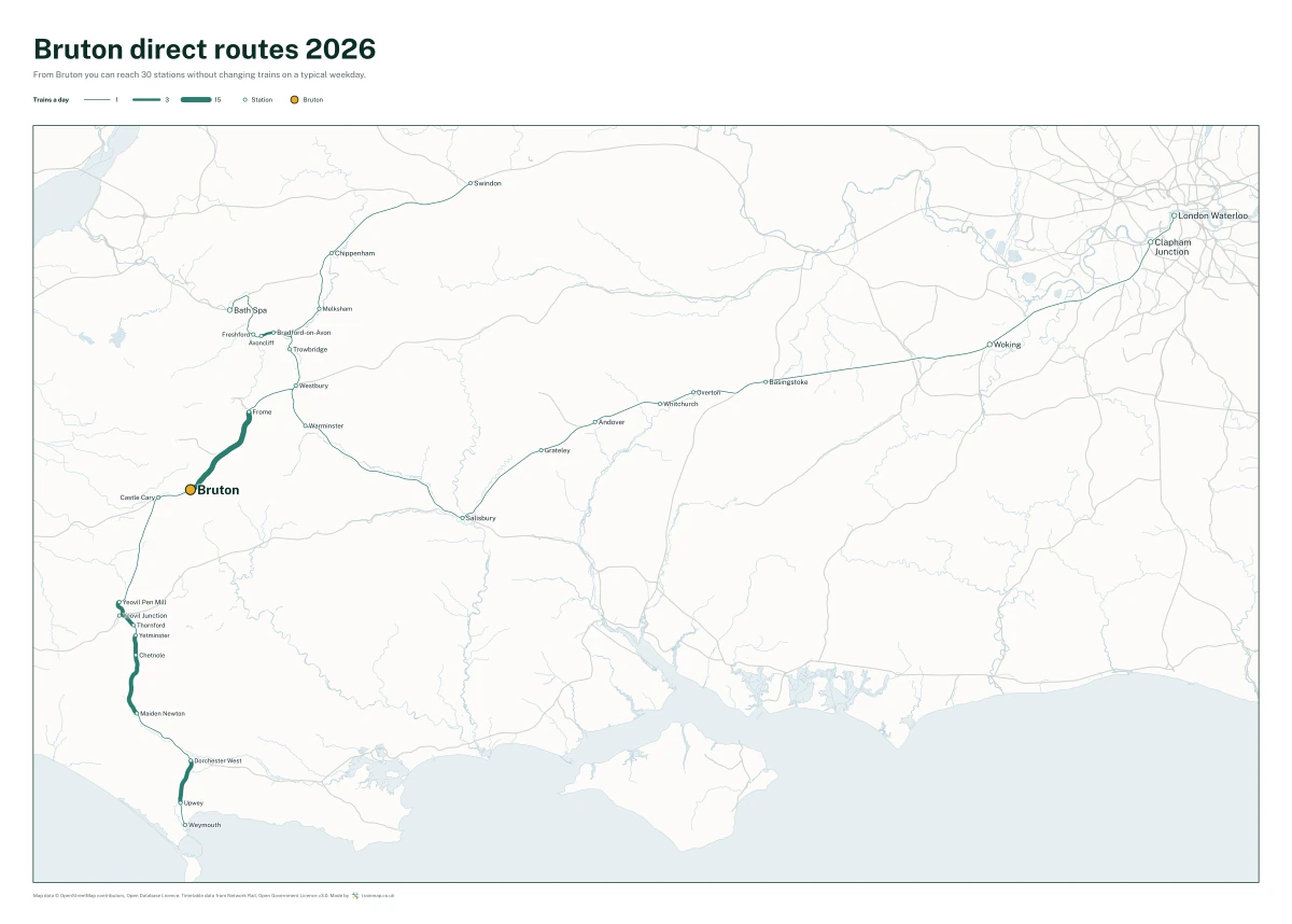 Bruton direct routes 2026: a map of every station you can reach from Bruton without changing trains, the lines thicker where more trains run