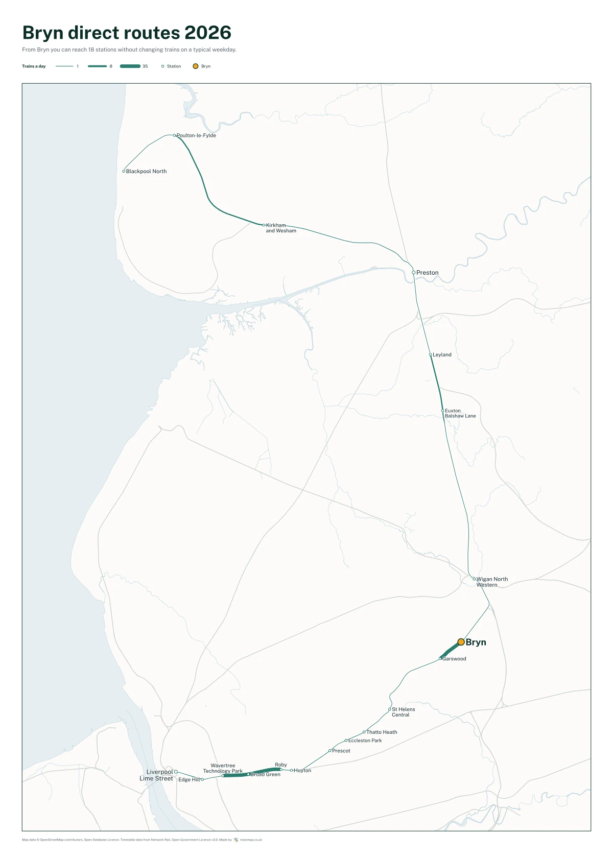 Bryn direct routes 2026: a map of every station you can reach from Bryn without changing trains, the lines thicker where more trains run
