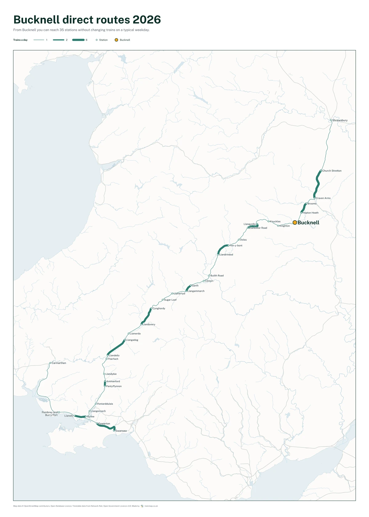 Bucknell direct routes 2026: a map of every station you can reach from Bucknell without changing trains, the lines thicker where more trains run