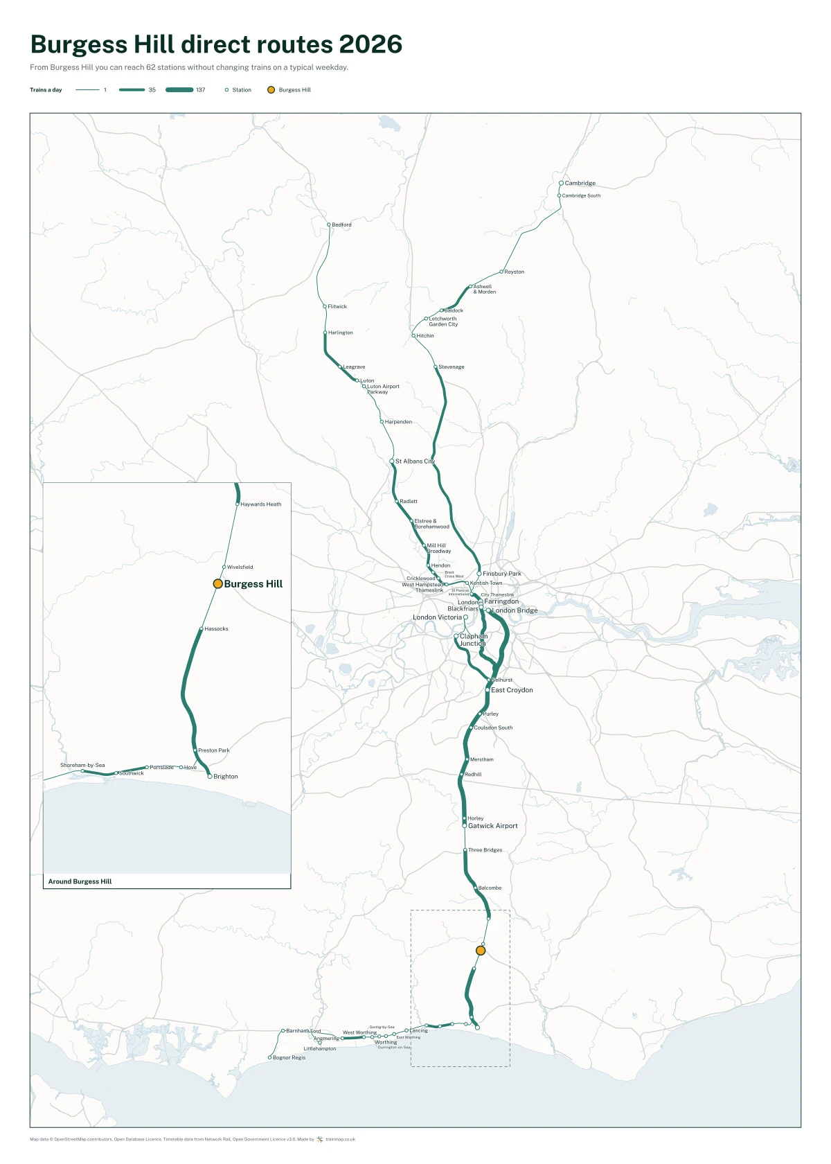 Burgess Hill direct routes 2026: a map of every station you can reach from Burgess Hill without changing trains, the lines thicker where more trains run