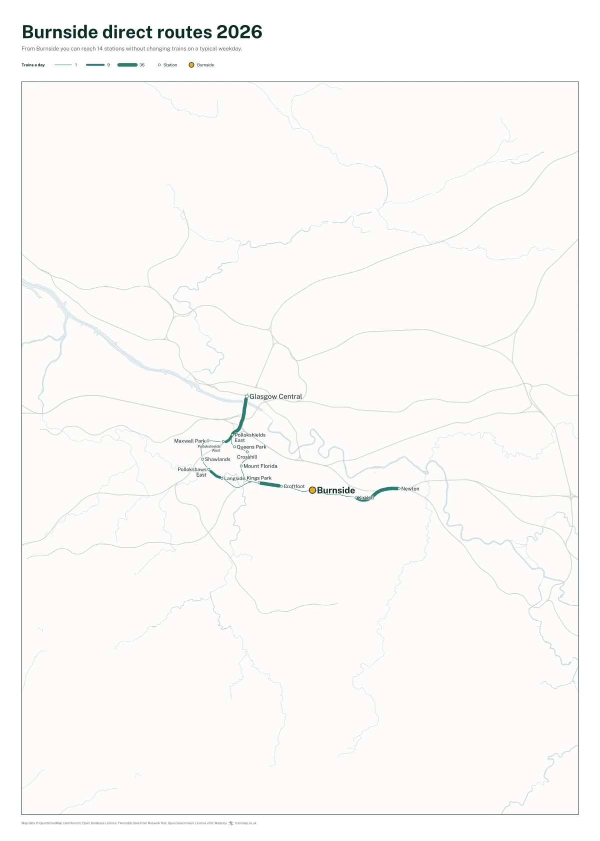 Burnside direct routes 2026: a map of every station you can reach from Burnside without changing trains, the lines thicker where more trains run