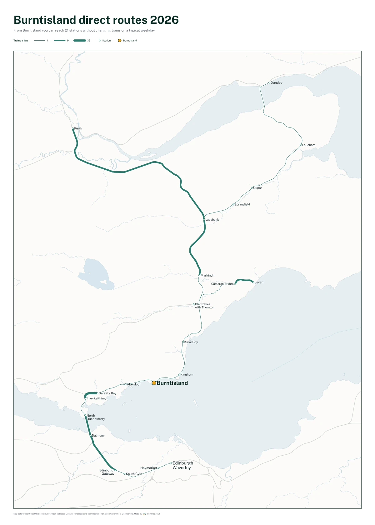 Burntisland direct routes 2026: a map of every station you can reach from Burntisland without changing trains, the lines thicker where more trains run