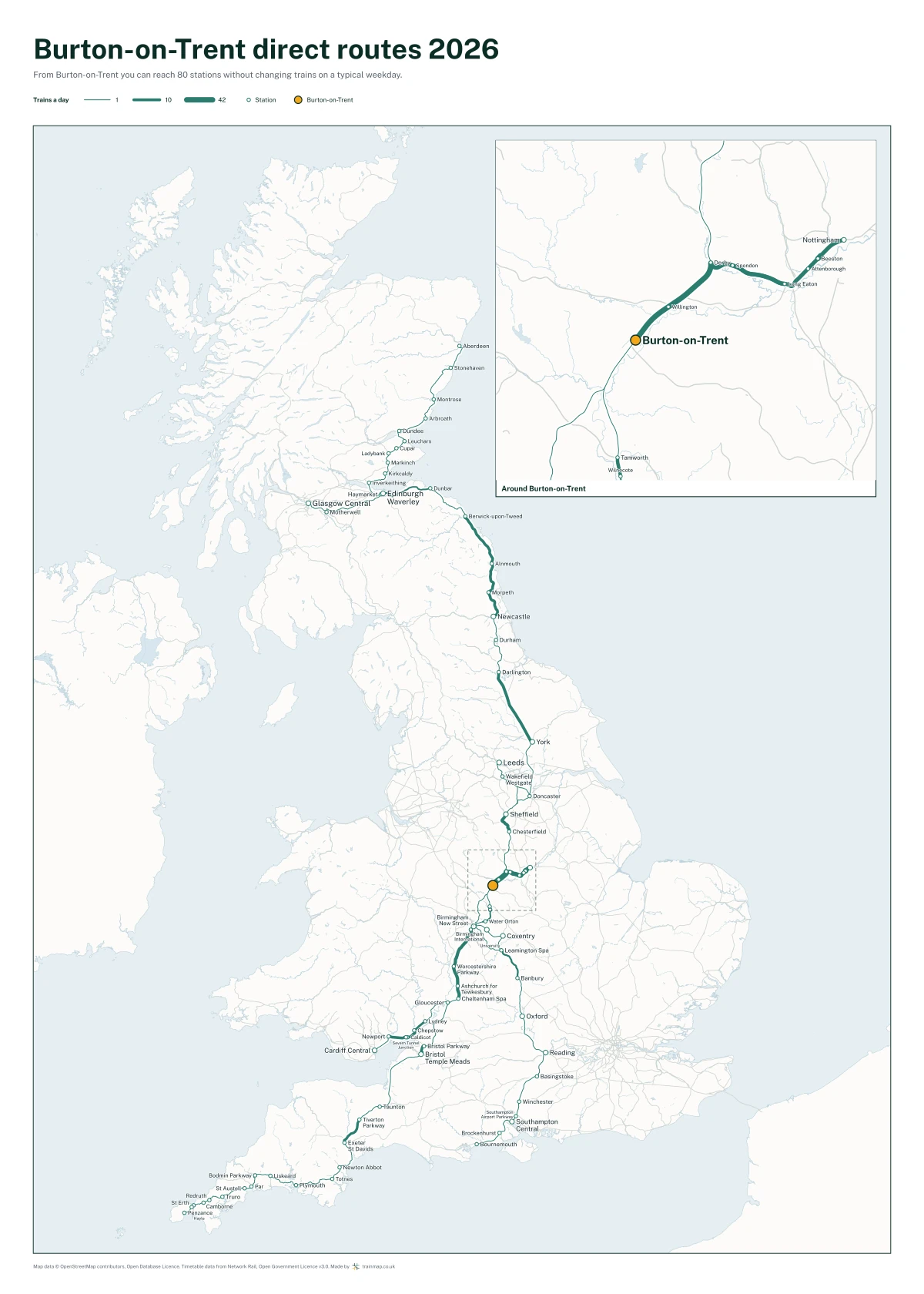 Burton-on-Trent direct routes 2026: a map of every station you can reach from Burton-on-Trent without changing trains, the lines thicker where more trains run
