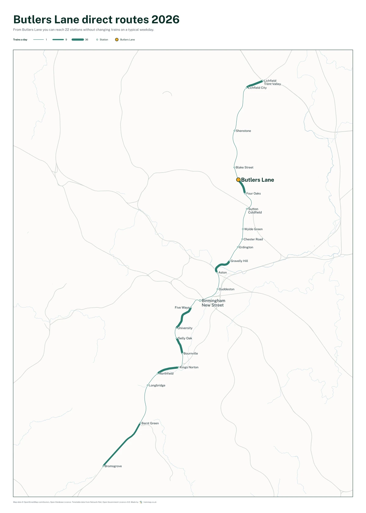 Butlers Lane direct routes 2026: a map of every station you can reach from Butlers Lane without changing trains, the lines thicker where more trains run