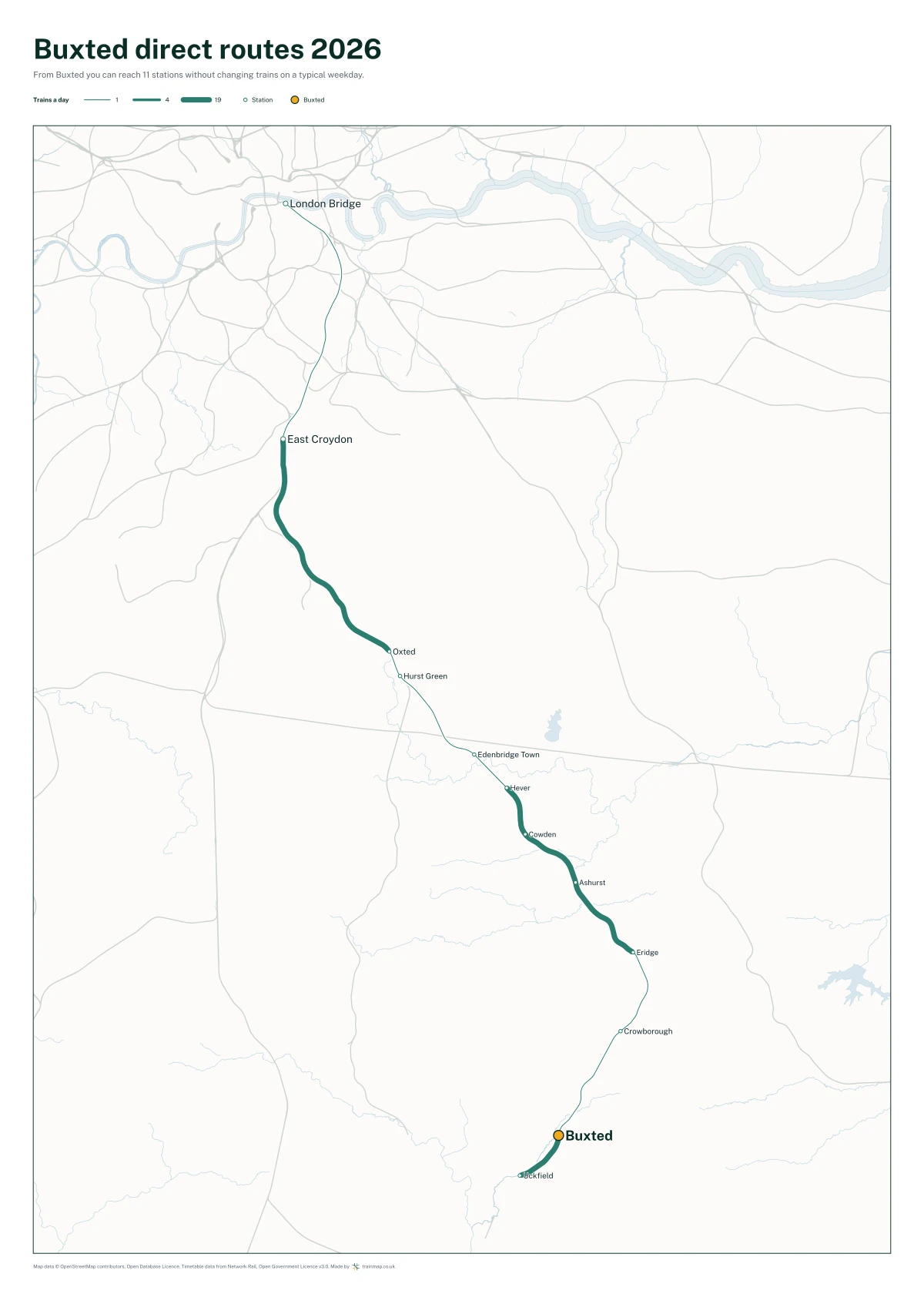 Buxted direct routes 2026: a map of every station you can reach from Buxted without changing trains, the lines thicker where more trains run