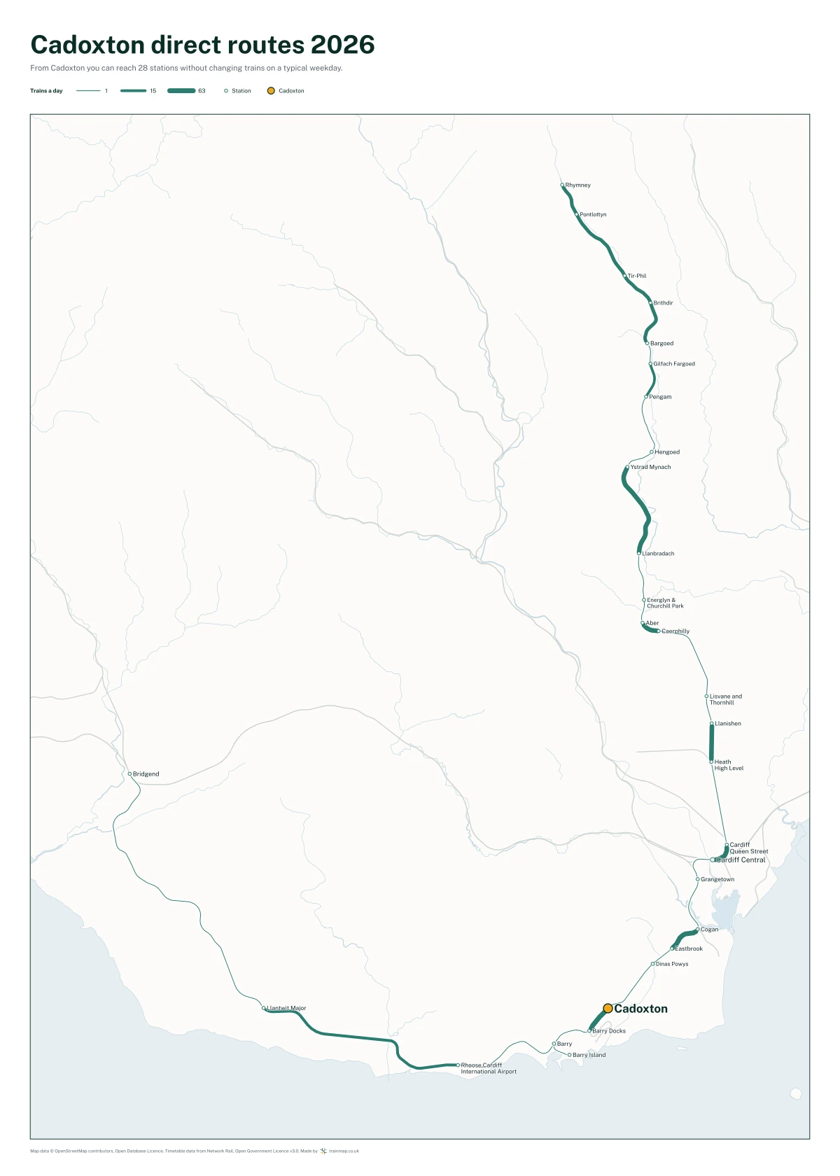 Cadoxton direct routes 2026: a map of every station you can reach from Cadoxton without changing trains, the lines thicker where more trains run