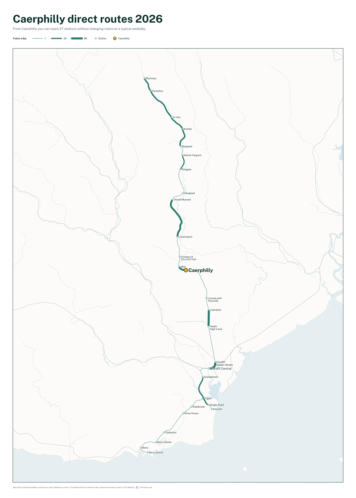 Caerphilly direct routes 2026: a map of every station you can reach from Caerphilly without changing trains, the lines thicker where more trains run