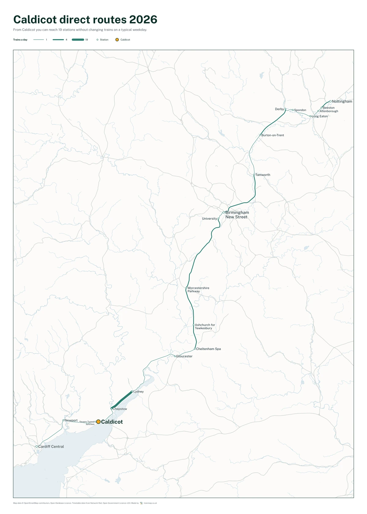 Caldicot direct routes 2026: a map of every station you can reach from Caldicot without changing trains, the lines thicker where more trains run