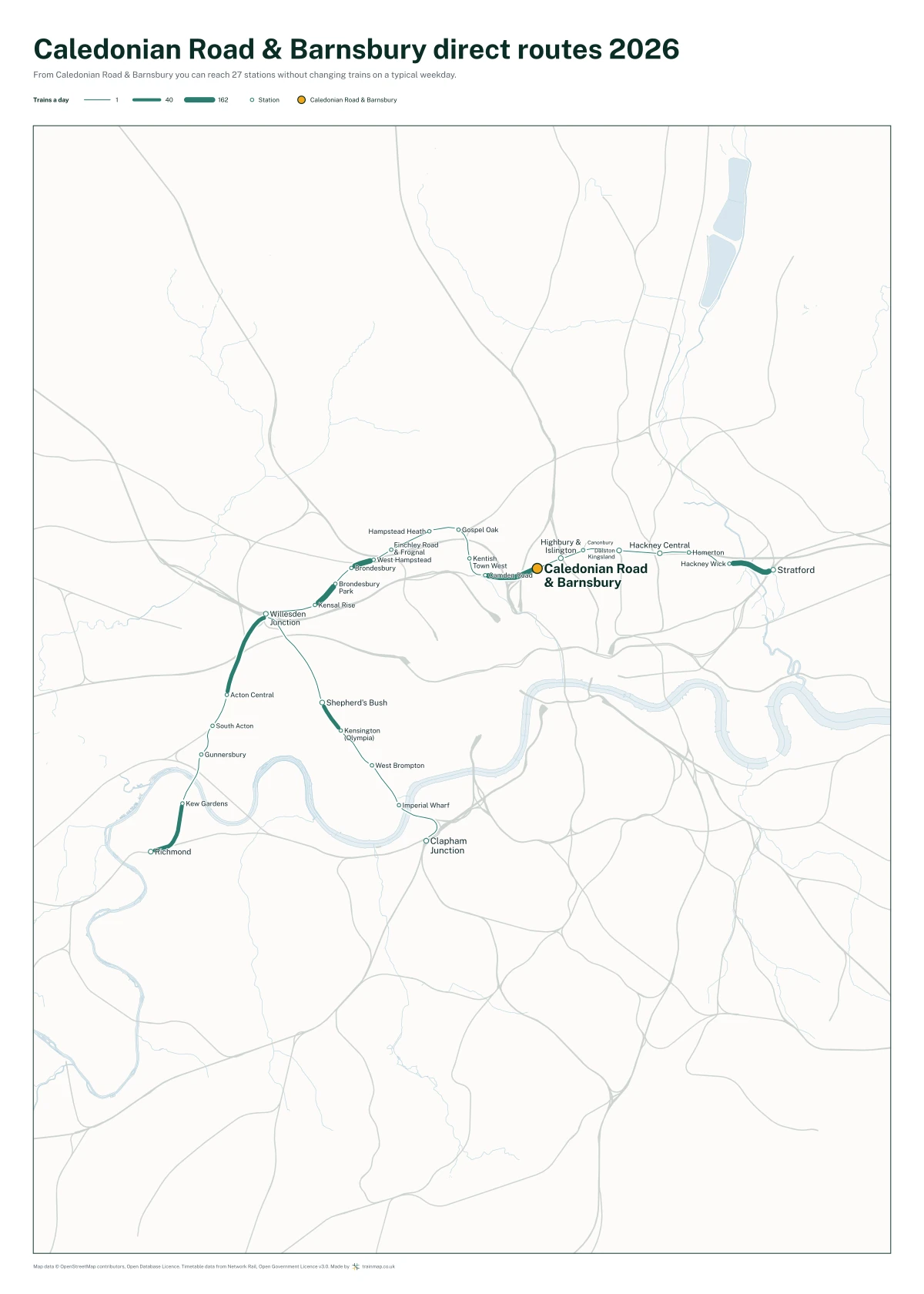 Caledonian Road & Barnsbury direct routes 2026: a map of every station you can reach from Caledonian Road & Barnsbury without changing trains, the lines thicker where more trains run