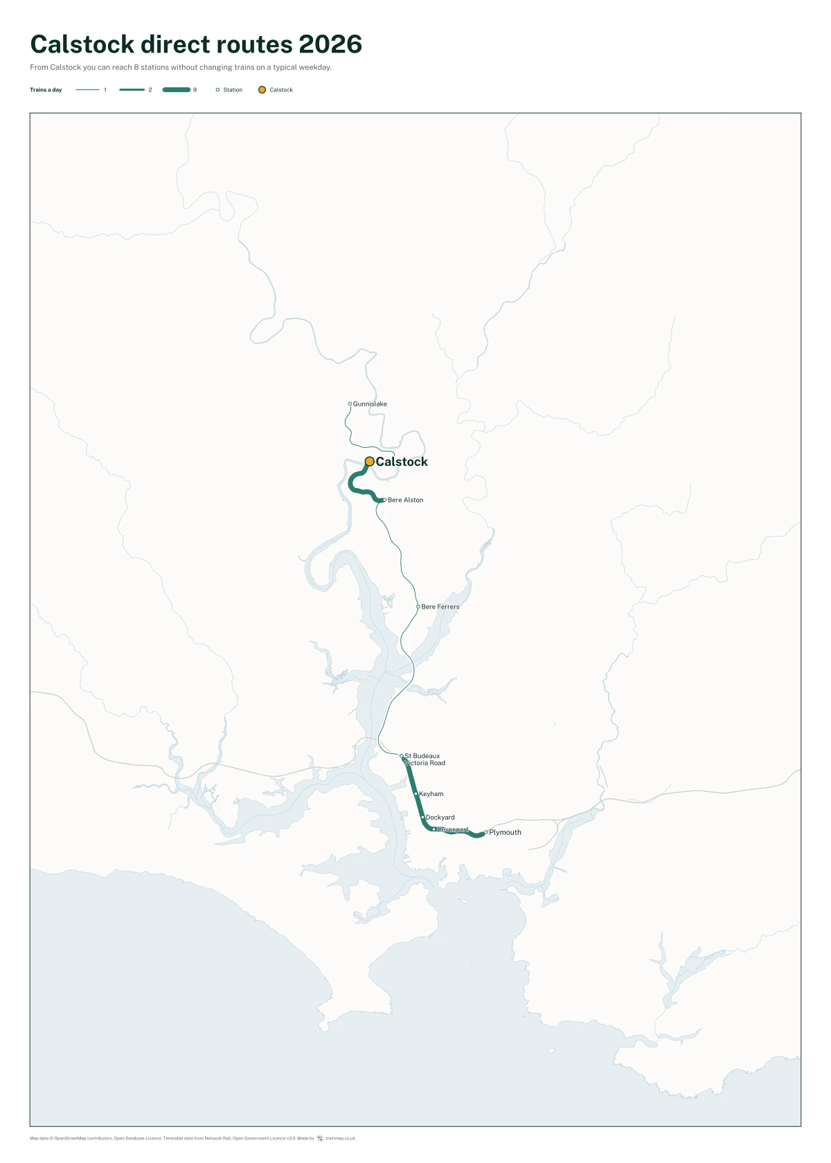 Calstock direct routes 2026: a map of every station you can reach from Calstock without changing trains, the lines thicker where more trains run