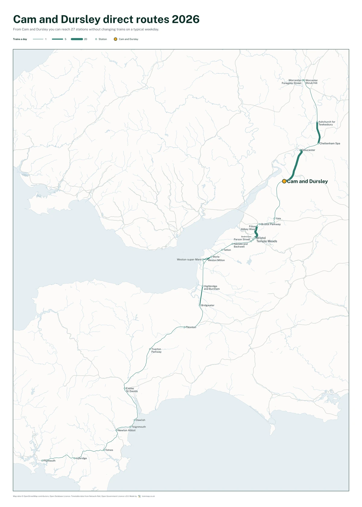 Cam and Dursley direct routes 2026: a map of every station you can reach from Cam and Dursley without changing trains, the lines thicker where more trains run