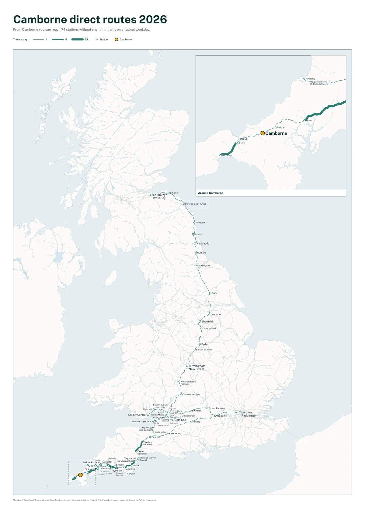 Camborne direct routes 2026: a map of every station you can reach from Camborne without changing trains, the lines thicker where more trains run