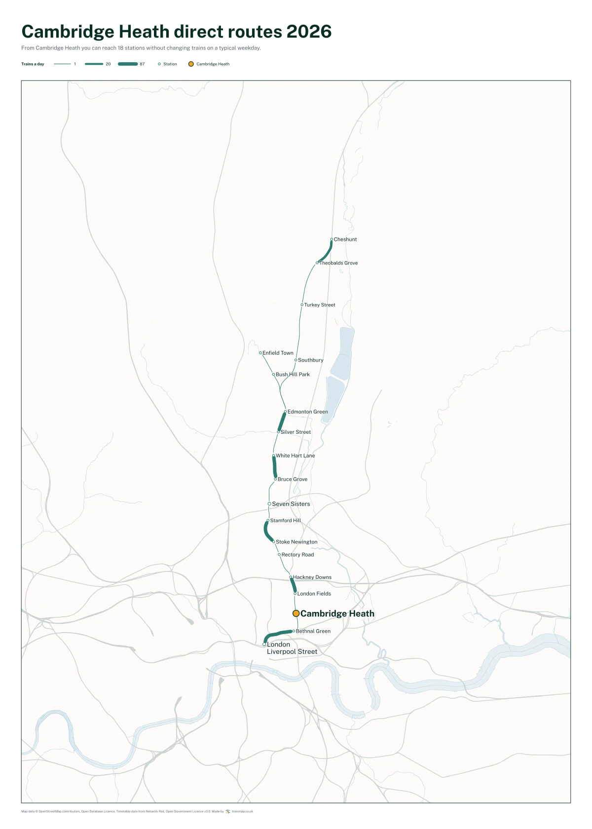 Cambridge Heath direct routes 2026: a map of every station you can reach from Cambridge Heath without changing trains, the lines thicker where more trains run