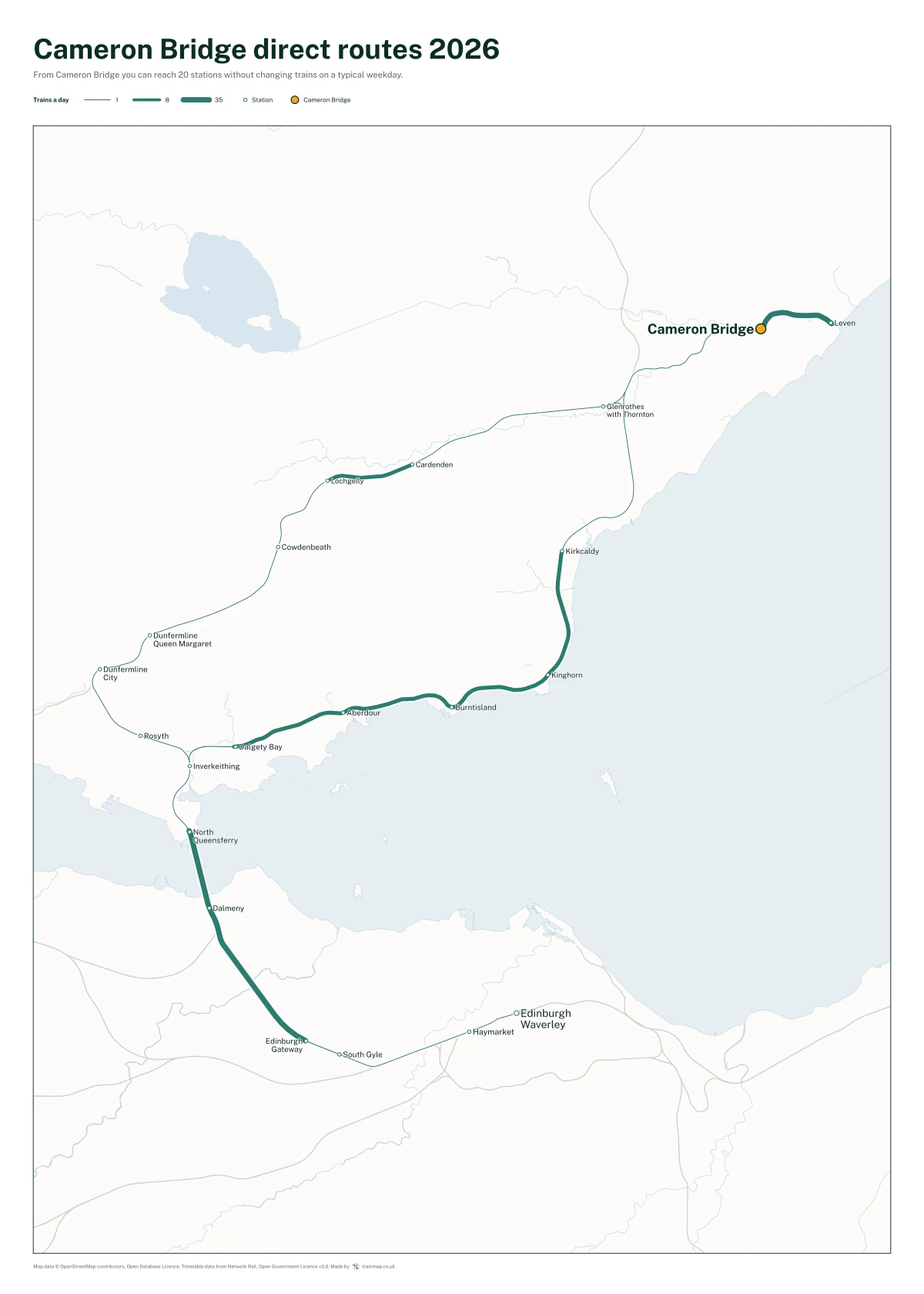 Cameron Bridge direct routes 2026: a map of every station you can reach from Cameron Bridge without changing trains, the lines thicker where more trains run