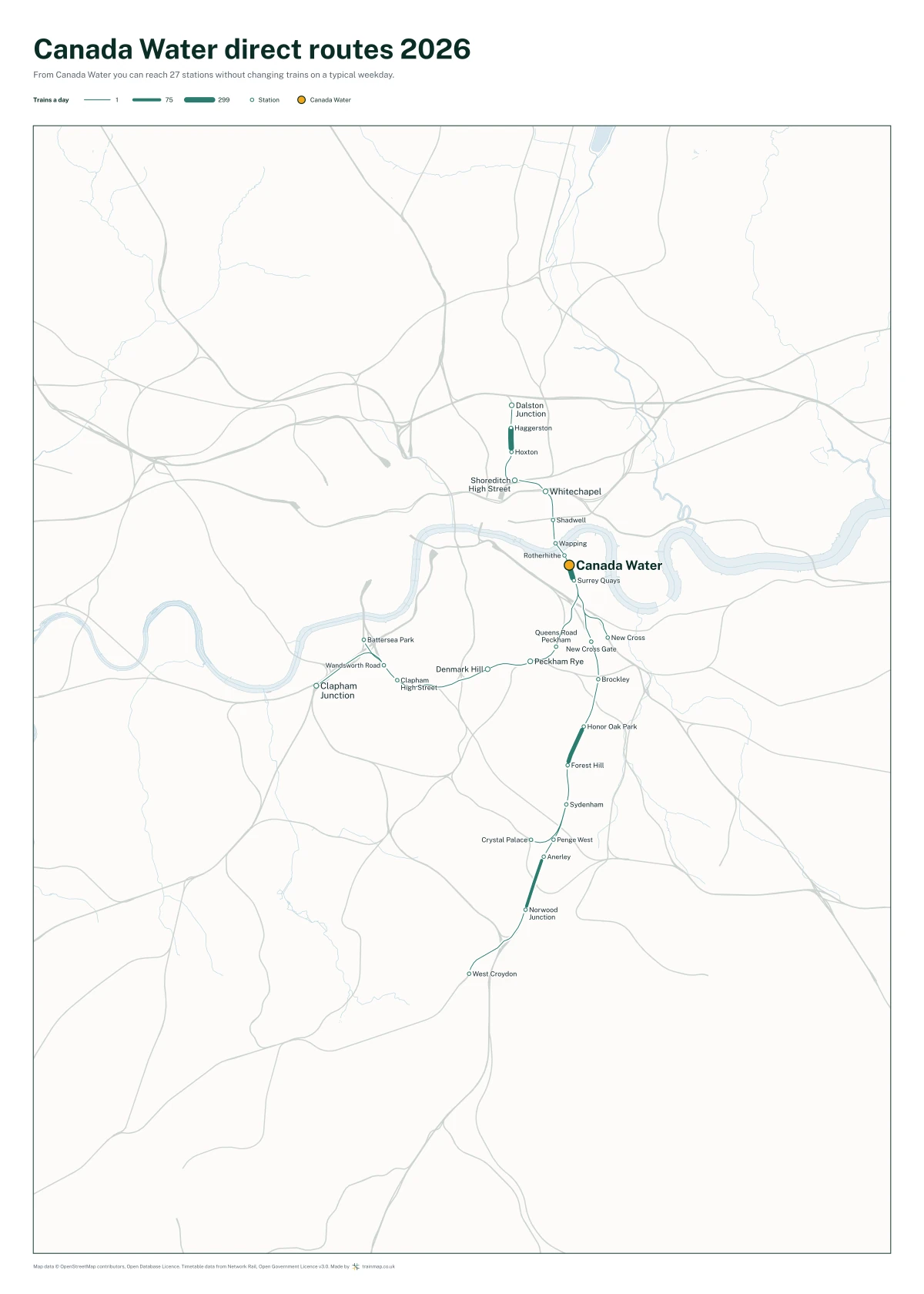 Canada Water direct routes 2026: a map of every station you can reach from Canada Water without changing trains, the lines thicker where more trains run