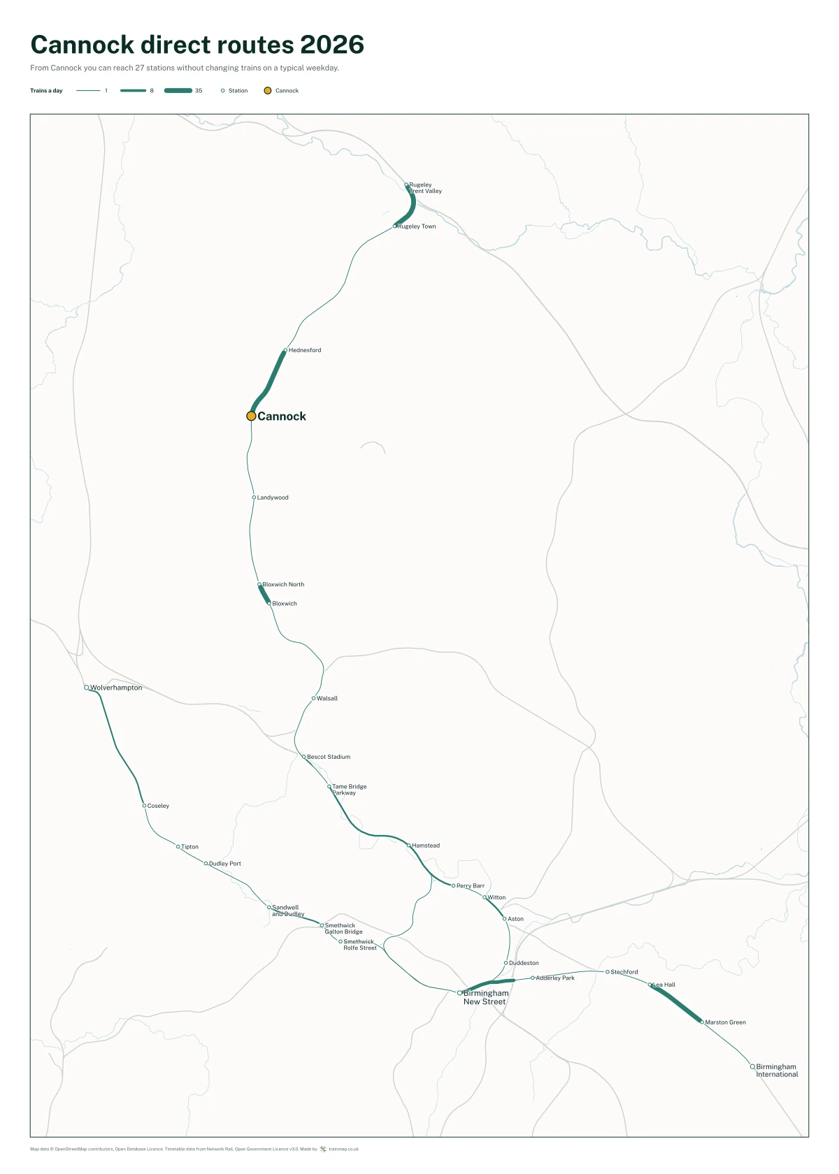 Cannock direct routes 2026: a map of every station you can reach from Cannock without changing trains, the lines thicker where more trains run