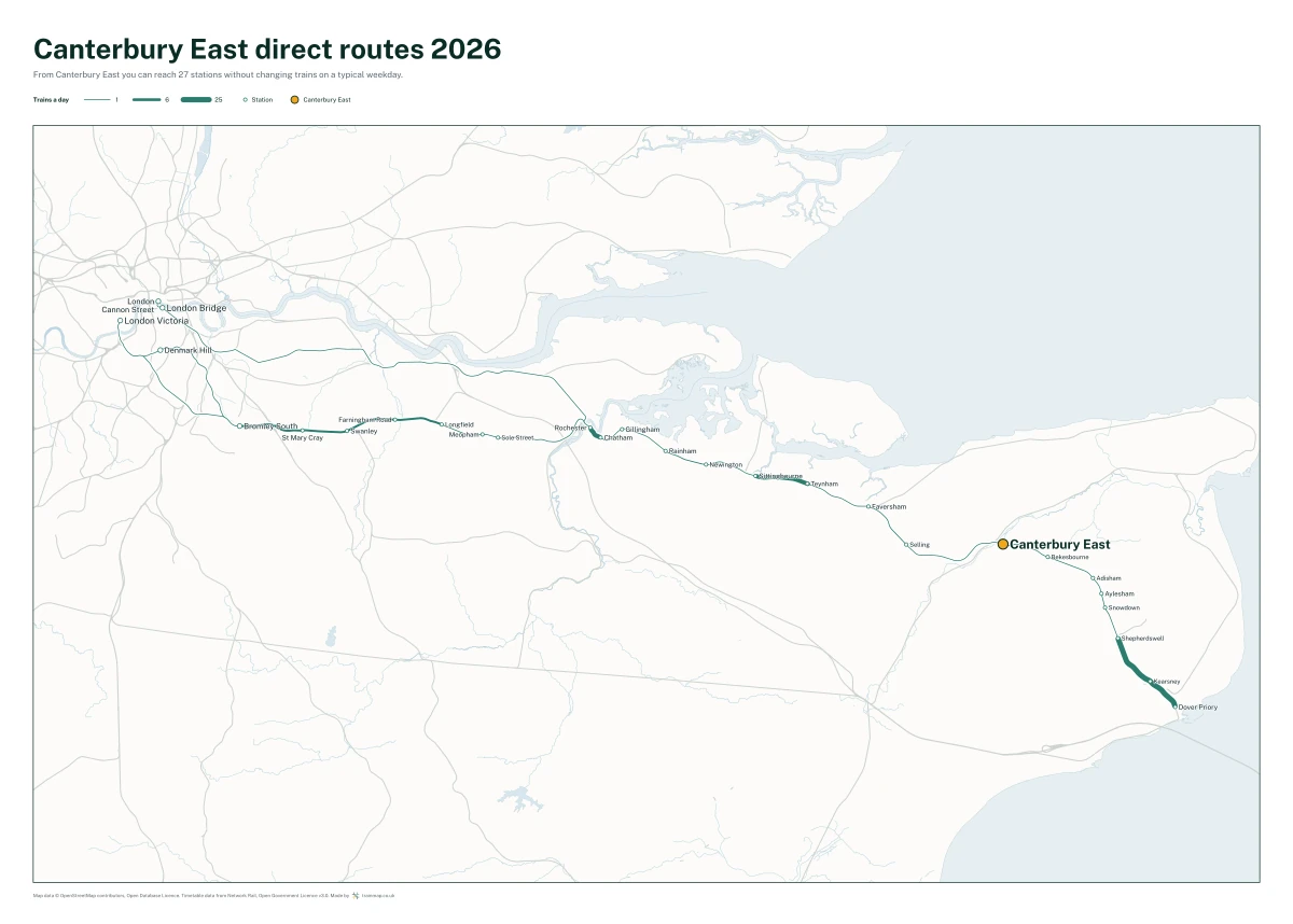 Canterbury East direct routes 2026: a map of every station you can reach from Canterbury East without changing trains, the lines thicker where more trains run
