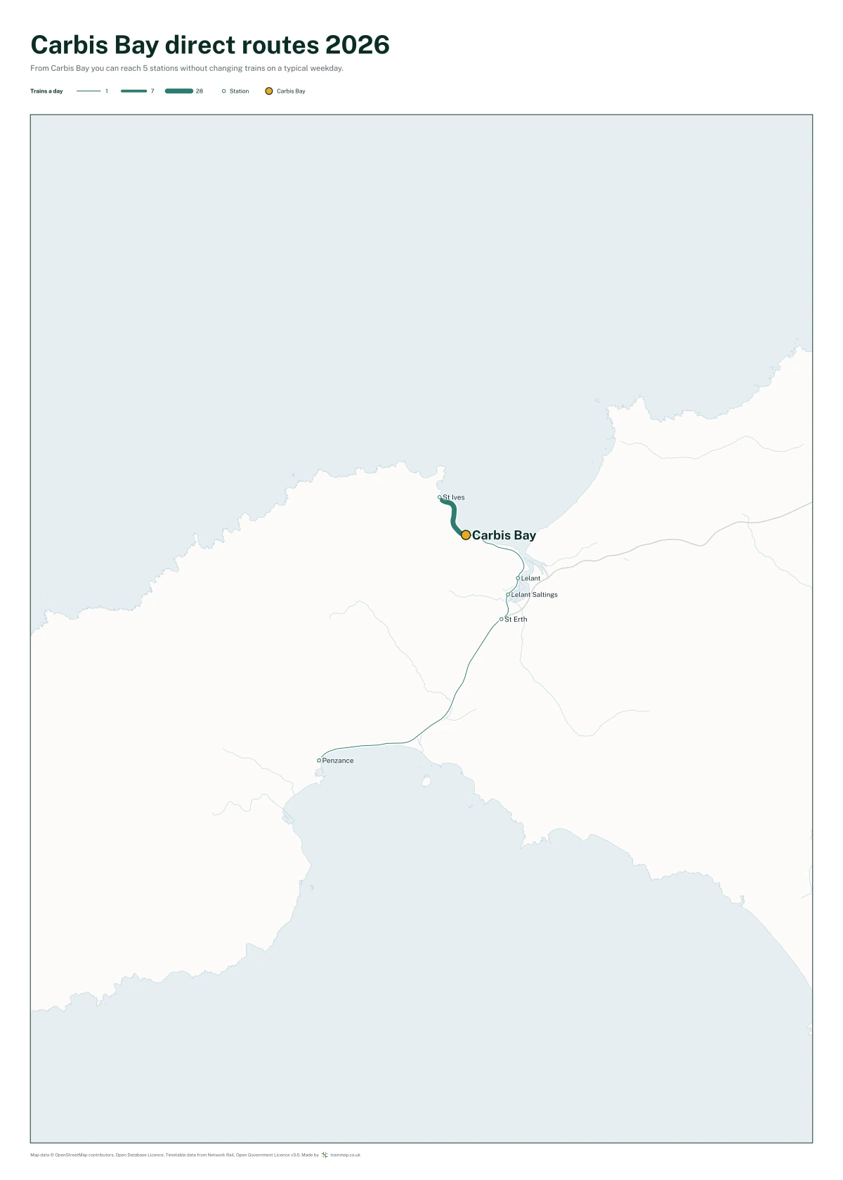 Carbis Bay direct routes 2026: a map of every station you can reach from Carbis Bay without changing trains, the lines thicker where more trains run