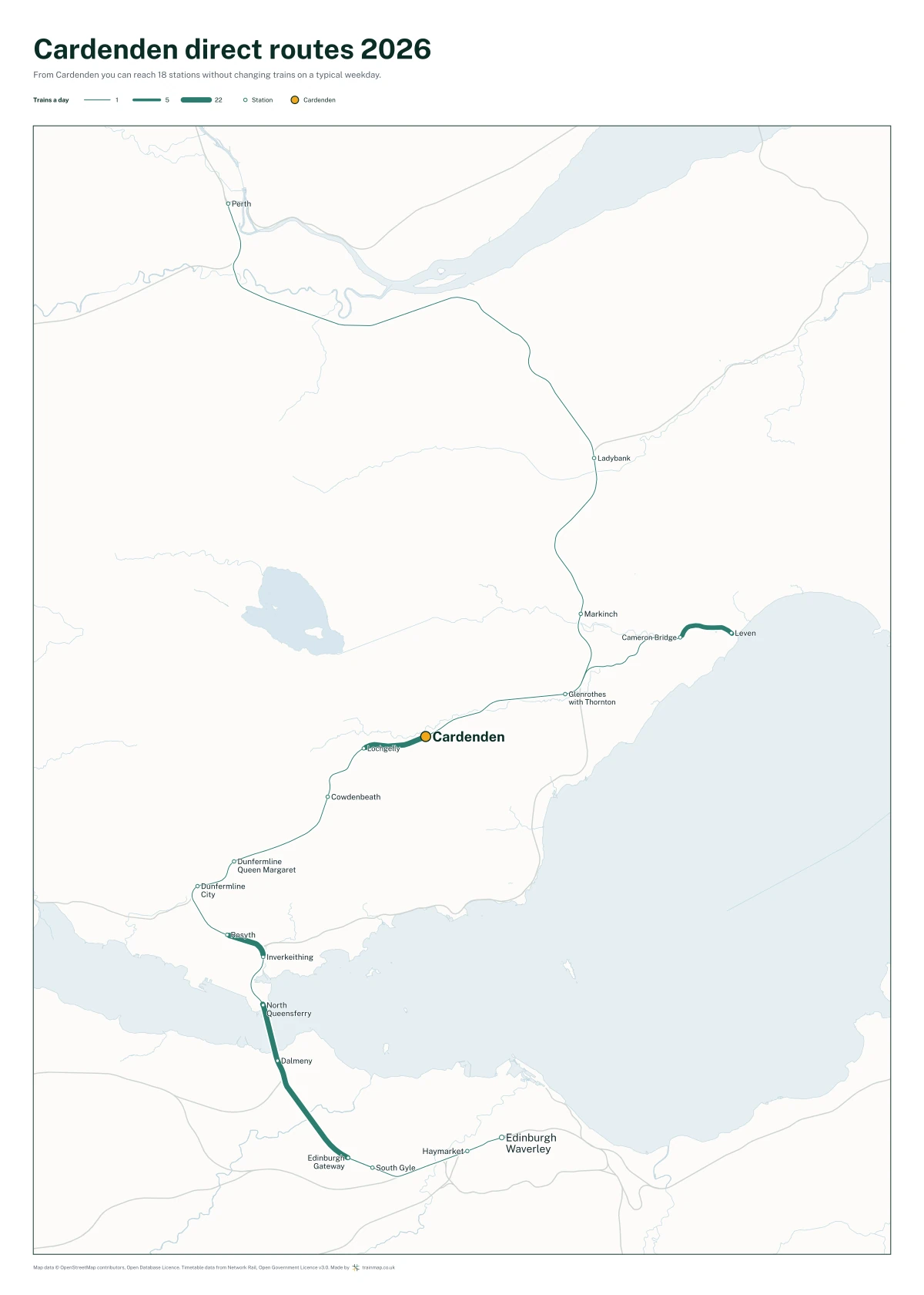 Cardenden direct routes 2026: a map of every station you can reach from Cardenden without changing trains, the lines thicker where more trains run