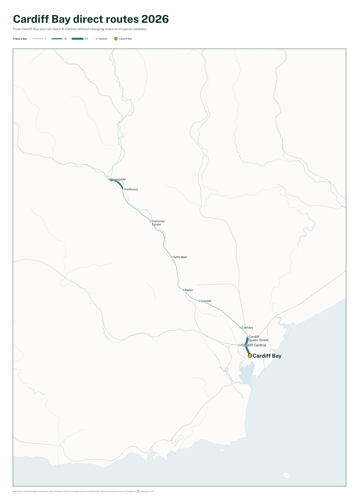 Cardiff Bay direct routes 2026: a map of every station you can reach from Cardiff Bay without changing trains, the lines thicker where more trains run