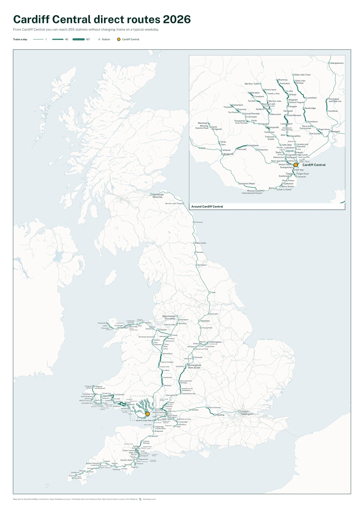 Cardiff Central direct routes 2026: a map of every station you can reach from Cardiff Central without changing trains, the lines thicker where more trains run