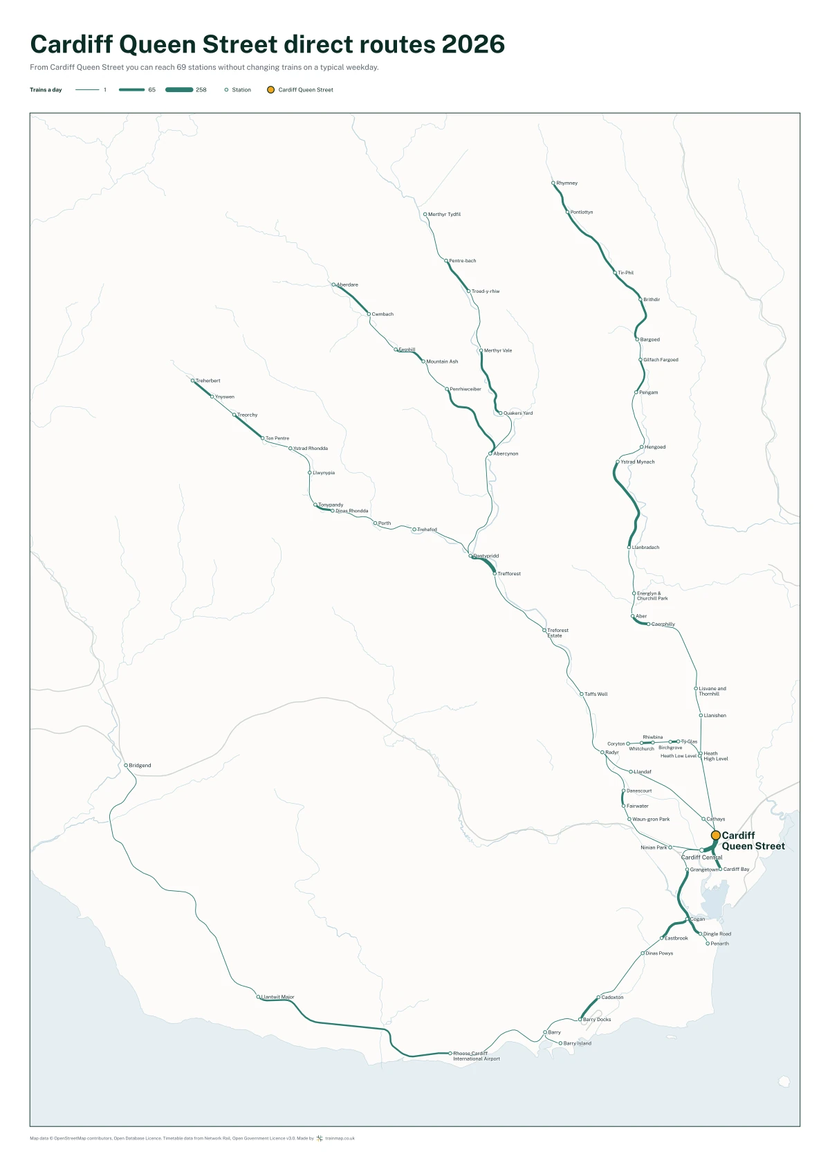 Cardiff Queen Street direct routes 2026: a map of every station you can reach from Cardiff Queen Street without changing trains, the lines thicker where more trains run