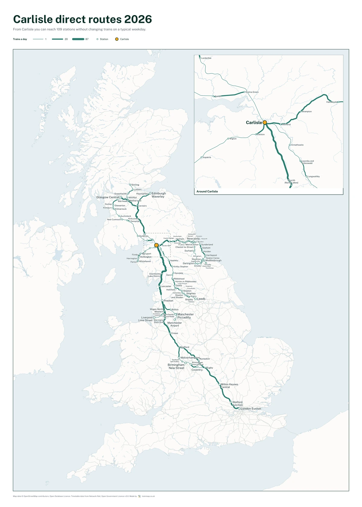 Carlisle direct routes 2026: a map of every station you can reach from Carlisle without changing trains, the lines thicker where more trains run