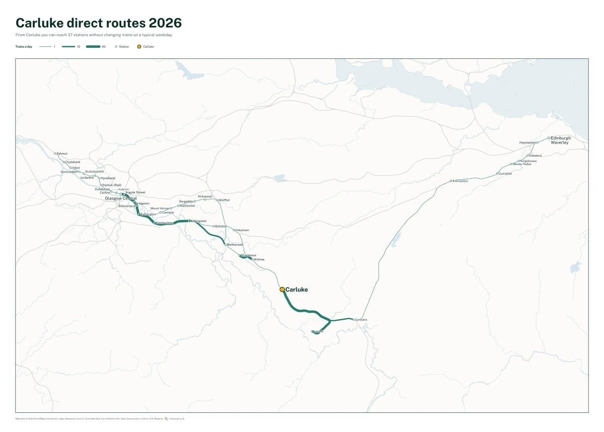 Carluke direct routes 2026: a map of every station you can reach from Carluke without changing trains, the lines thicker where more trains run