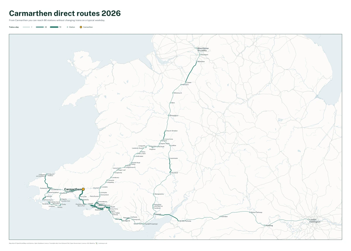 Carmarthen direct routes 2026: a map of every station you can reach from Carmarthen without changing trains, the lines thicker where more trains run