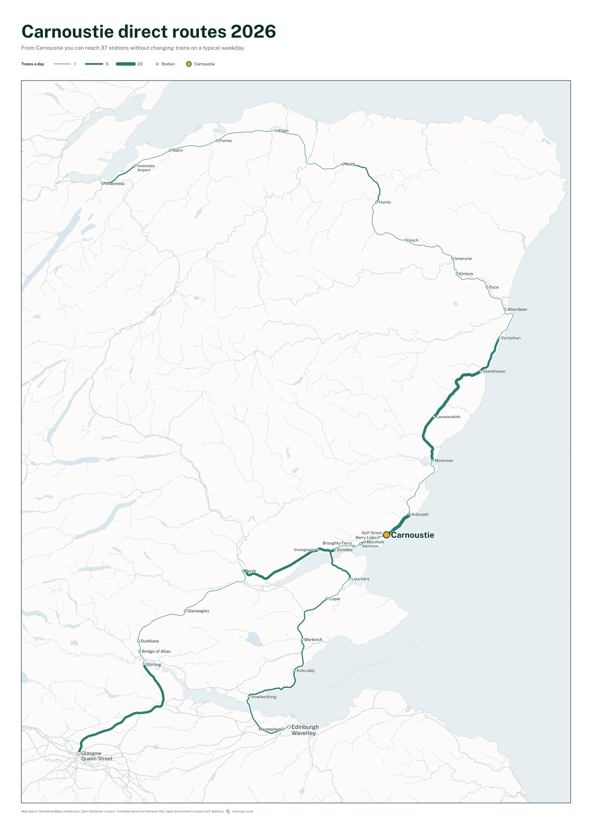 Carnoustie direct routes 2026: a map of every station you can reach from Carnoustie without changing trains, the lines thicker where more trains run