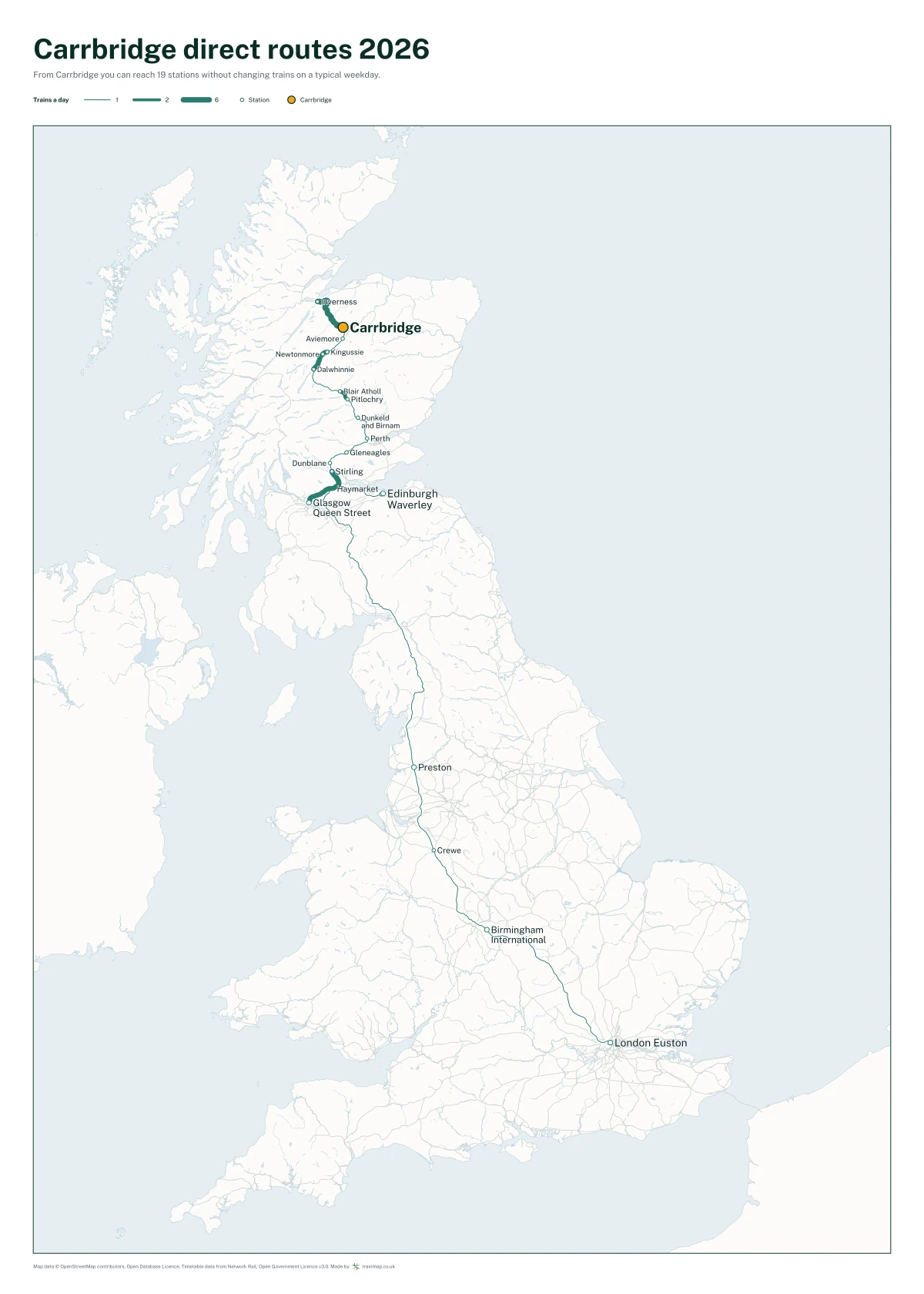 Carrbridge direct routes 2026: a map of every station you can reach from Carrbridge without changing trains, the lines thicker where more trains run
