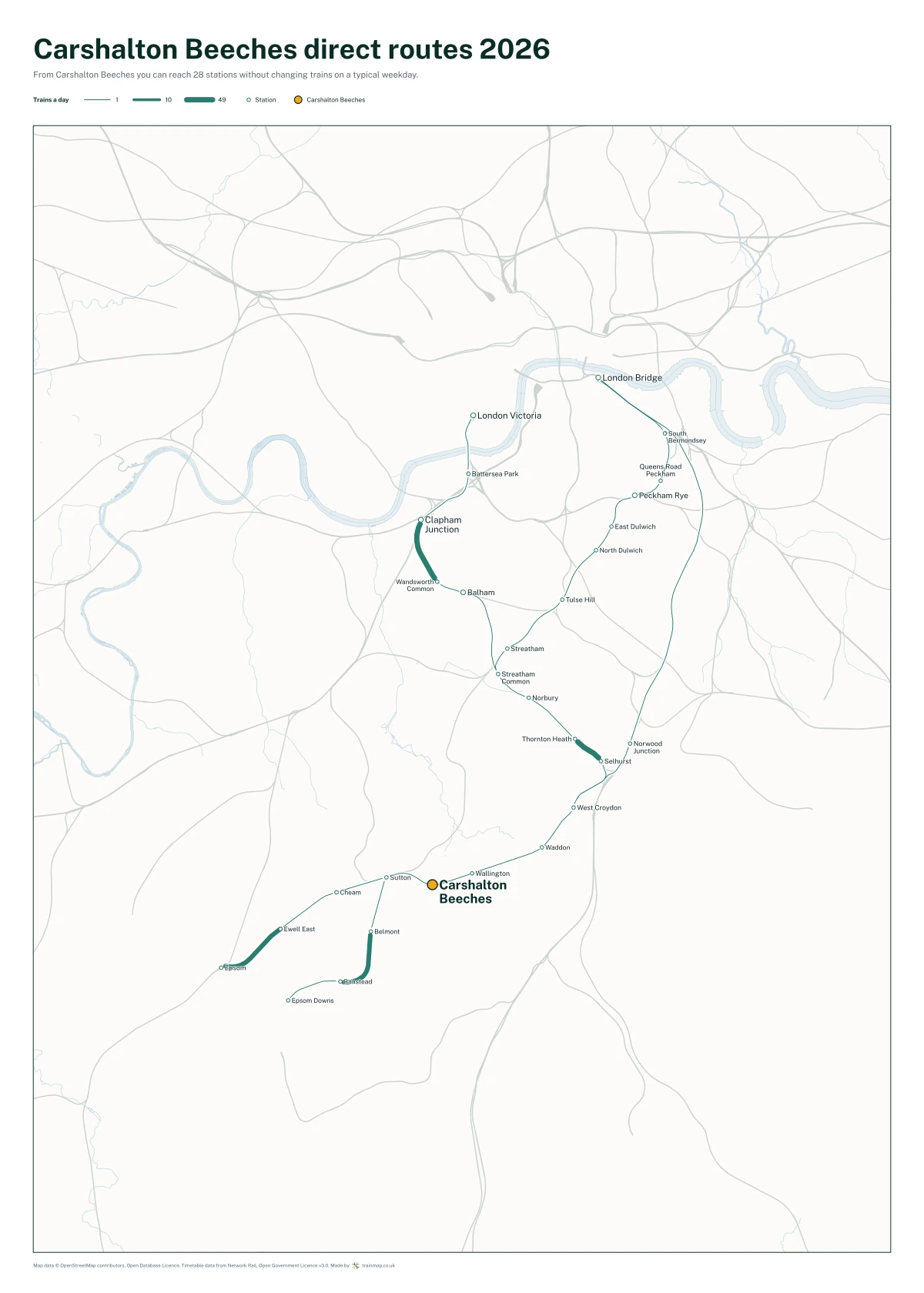 Carshalton Beeches direct routes 2026: a map of every station you can reach from Carshalton Beeches without changing trains, the lines thicker where more trains run