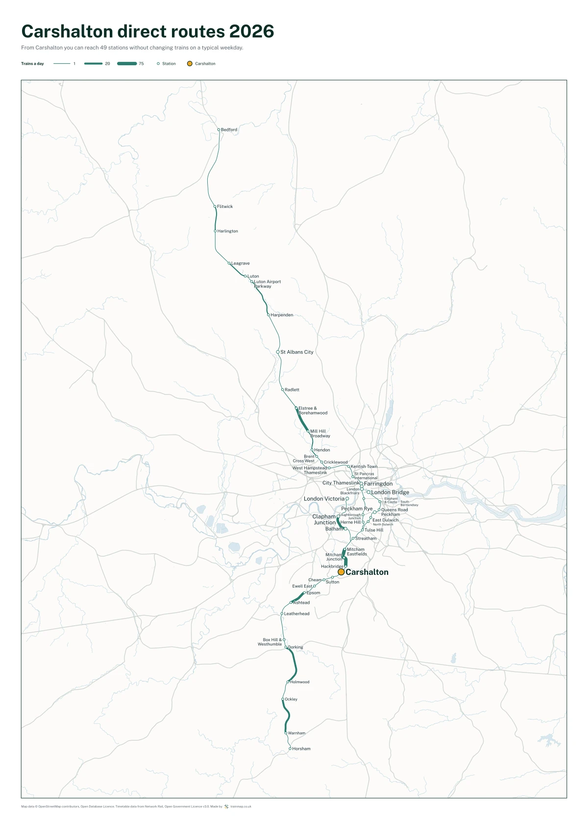 Carshalton direct routes 2026: a map of every station you can reach from Carshalton without changing trains, the lines thicker where more trains run