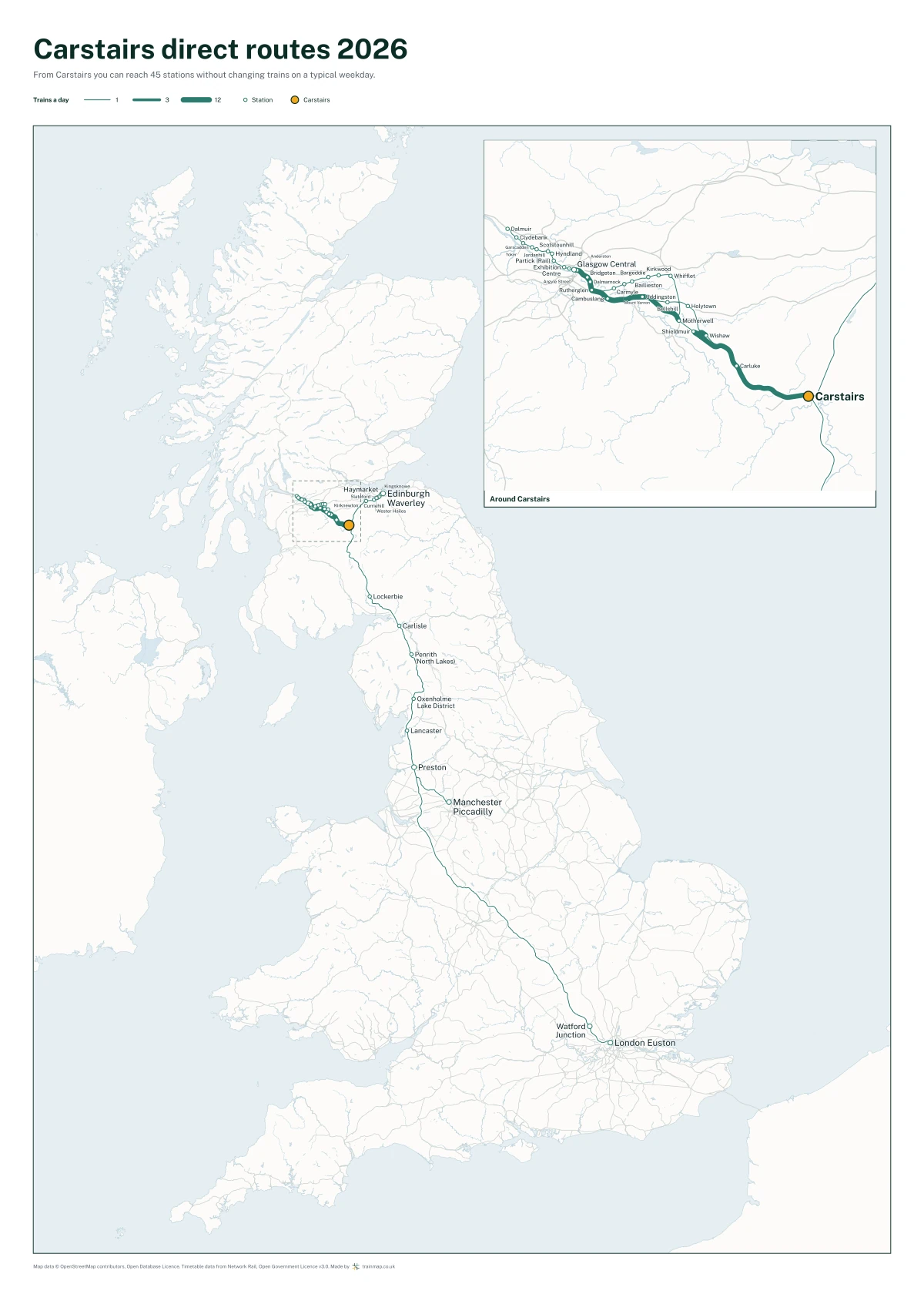 Carstairs direct routes 2026: a map of every station you can reach from Carstairs without changing trains, the lines thicker where more trains run