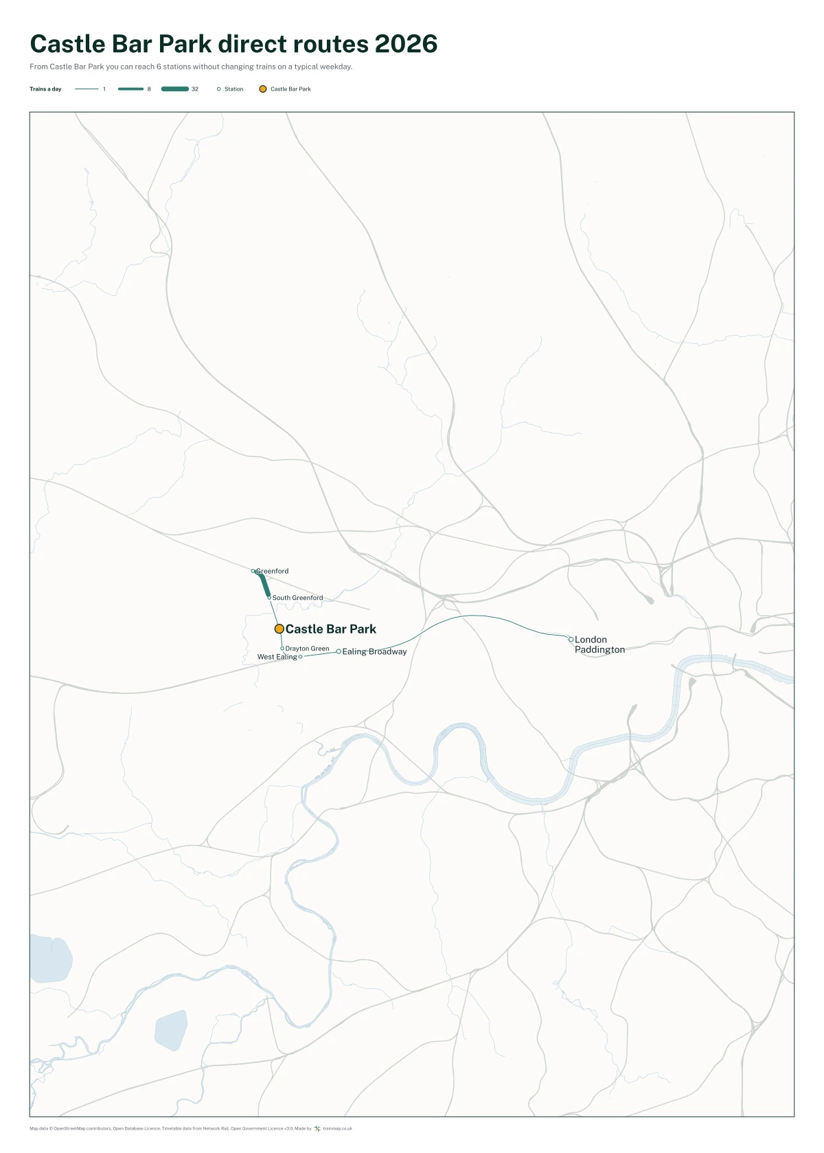 Castle Bar Park direct routes 2026: a map of every station you can reach from Castle Bar Park without changing trains, the lines thicker where more trains run