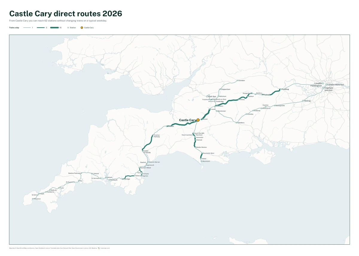 Castle Cary direct routes 2026: a map of every station you can reach from Castle Cary without changing trains, the lines thicker where more trains run