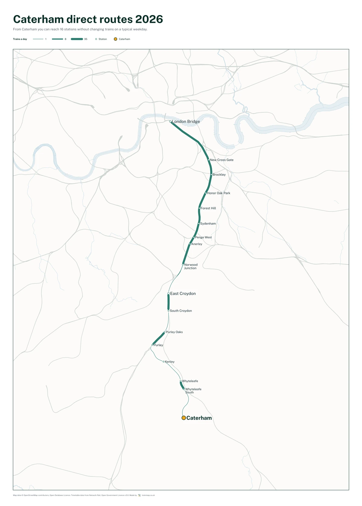 Caterham direct routes 2026: a map of every station you can reach from Caterham without changing trains, the lines thicker where more trains run