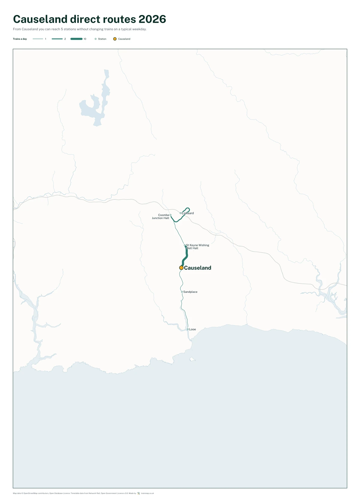 Causeland direct routes 2026: a map of every station you can reach from Causeland without changing trains, the lines thicker where more trains run